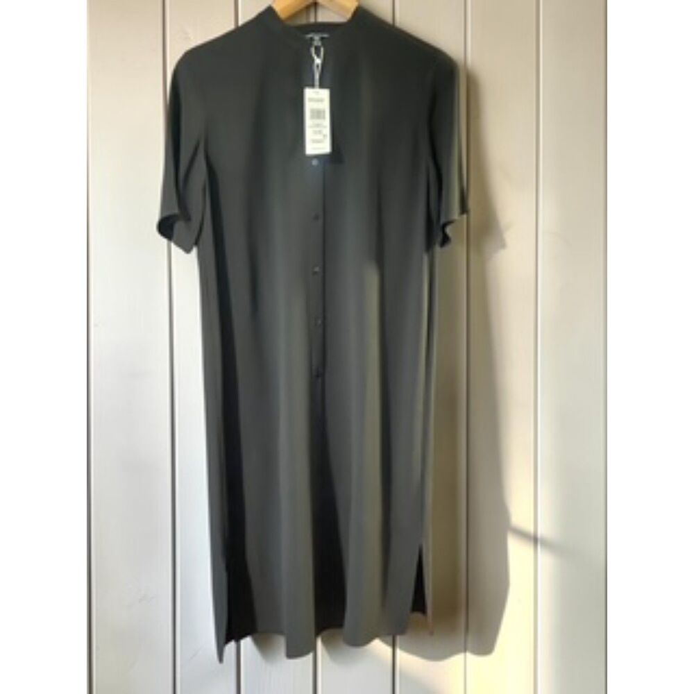 NWT Eileen Fisher $378 Silk Georgette Crepe Mandarin Shirt Dress Charcoal XXS